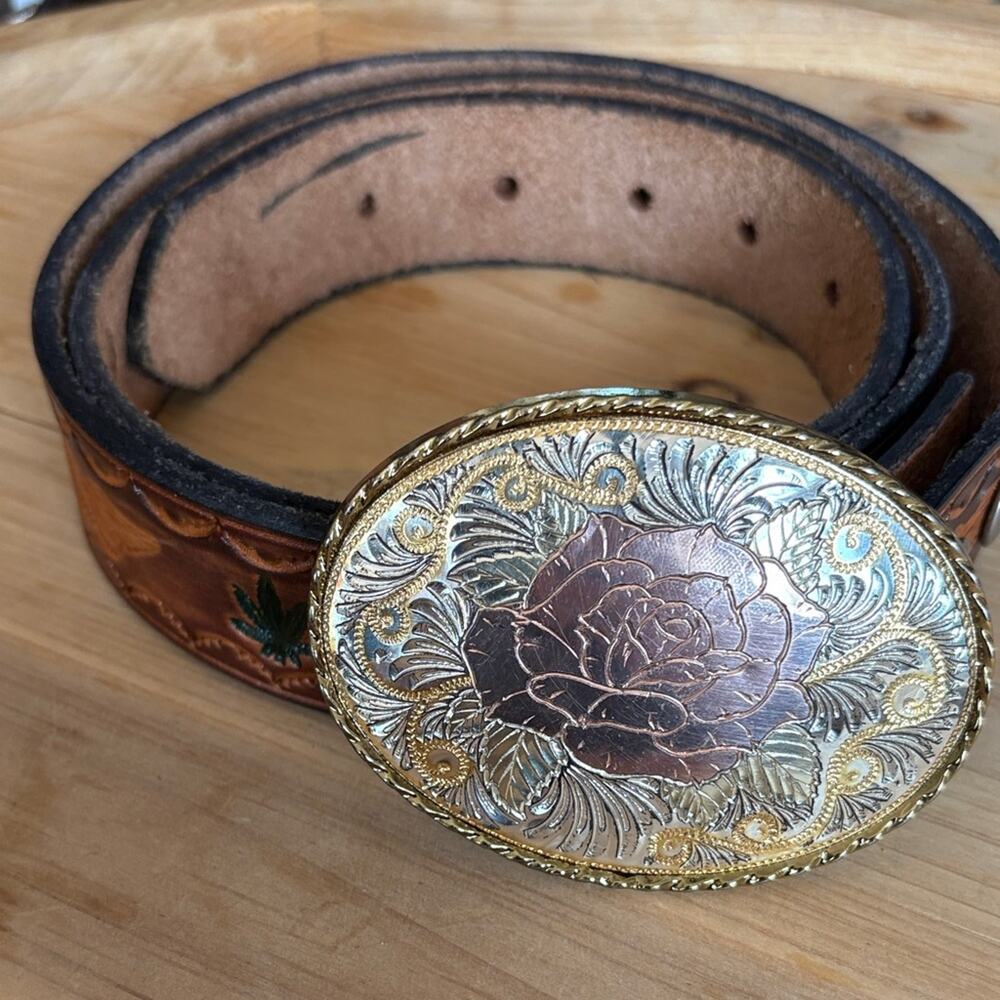 Harley Davidson engraved brown tan belt floral silver plated rose gold belt